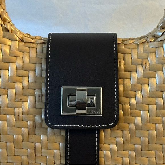 Rafe New York Woven Rattan Straw Handbag with Brown Leather Trim - Picture 9 of 12